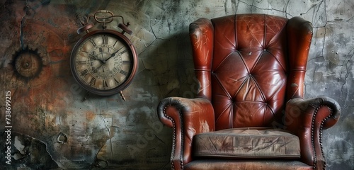 Vintage alarm clock sitting on a worn leather armchair, telling tales of bygone days.