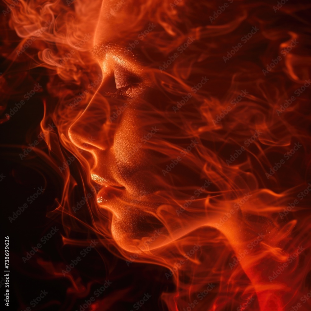 Fototapeta premium A woman's face in the form of red-orange smoke. AI generative.