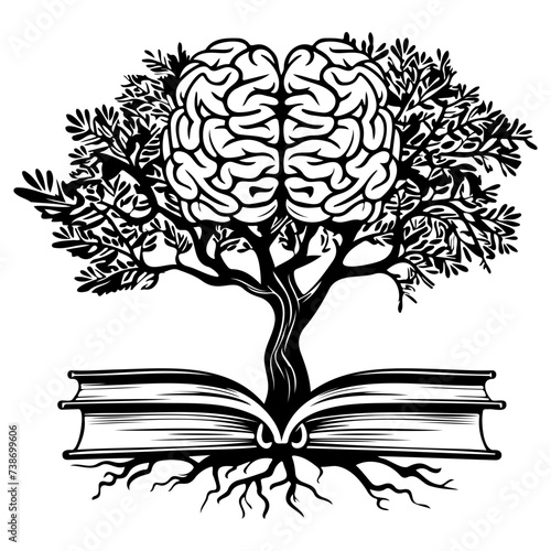 Tree with roots entwined around books, branches bearing fruit in the shape of brains