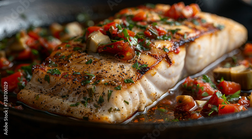 A seasoned fish fillet cooked with tomatoes and herbs in a cast iron pan,ai generated