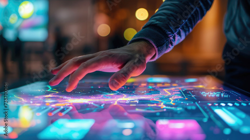 A person interacts with a high-tech touchscreen display, showcasing advanced technology with colorful data and information interfaces.