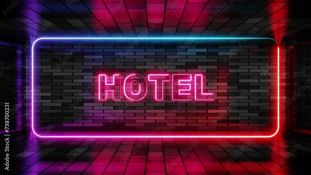 Neon sign hotel in speech bubble frame on brick wall background 3d render. Light banner on the wall background. Hotel loop booking apartments, design template, night neon signboard Neon sign hotel in speech bubble frame on brick wall background 3d render. Light banner on the wall background. Hotel loop booking apartments, design template, night neon signboard