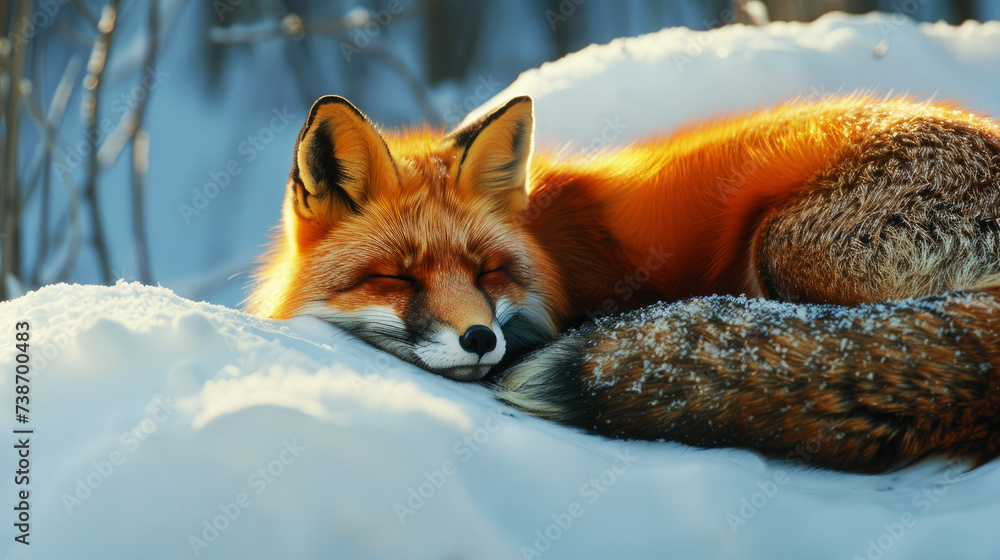 Fototapeta premium fox curled up in a snowbank on a snowy day