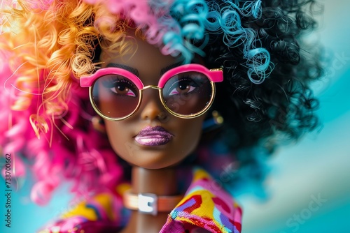 black fashion doll with colorful afro hair, sun glasses, pink clothes