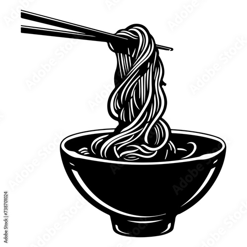 Illustration of an asian noodle soup bowl, japanese ramen soup with chopsticks
