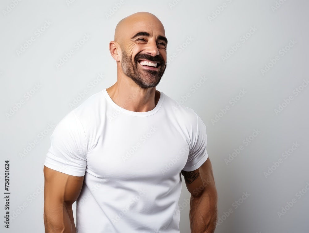 A happy muscular man wearing a white top A happy muscular man wearing a white top