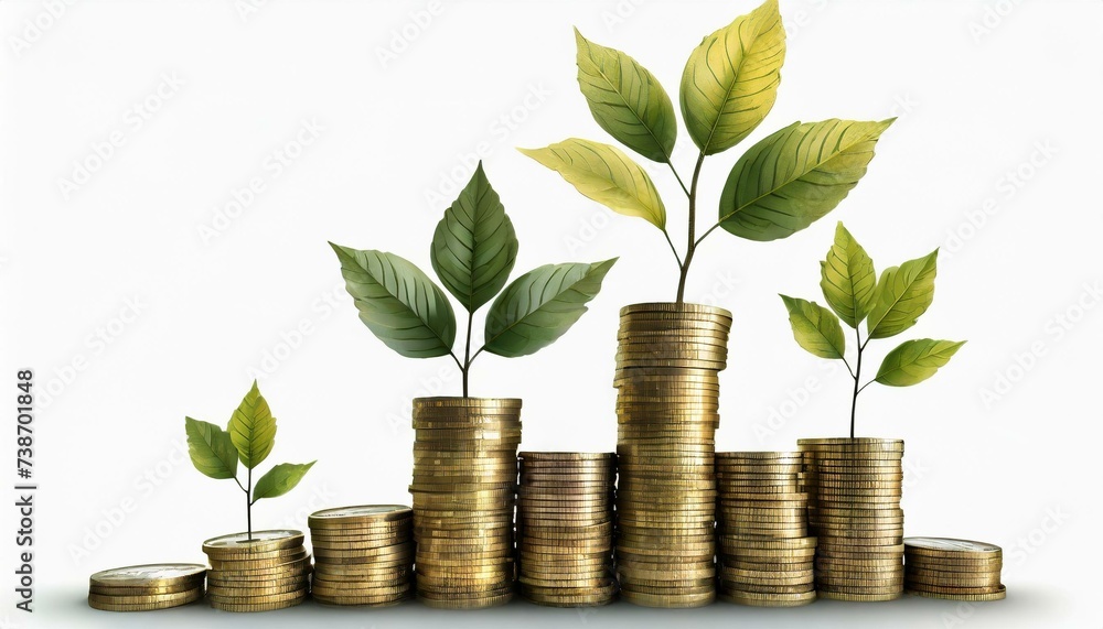 Leaves of trees growing on coins as piles of money on bright background Leaves of trees growing on coins as piles of money on bright background