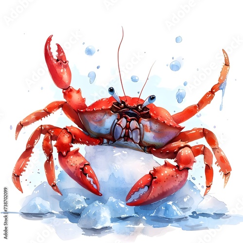 Crab arrangement on ice, type of meat, cute cartoon, full body, watercolor illustration.