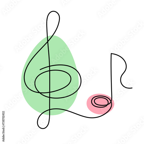 Treble clef and musical note one line art, hand drawn continuous contour. Artistic creative concept, minimalist template design. Editable stroke. Isolated. Vector illustration