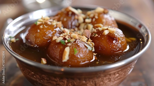 A bowl of creamy gulab jamun dessert, glistening with syrup and garnished with nuts photo