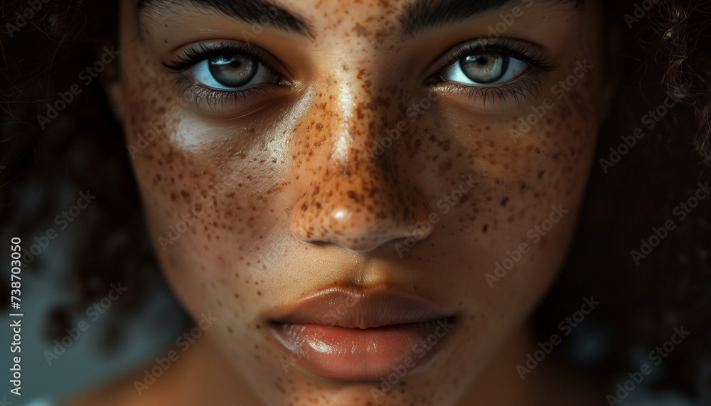 A close-up of a beautiful black woman with freckles on her face A close-up of a beautiful black woman with freckles on her face