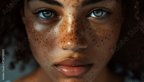 A close-up of a beautiful black woman with freckles on her face