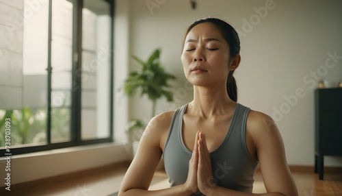 Young Asian woman doing yoga, meditation, in a fitness center, work out, gym.