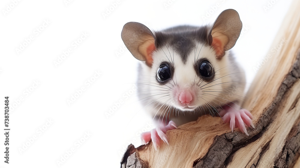 Fototapeta premium close-up of a sugar glider perching on wood, isolated against a stark white background