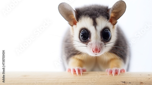 close-up of a sugar glider perching on wood, isolated against a stark white background