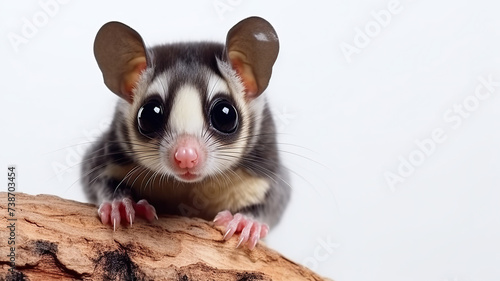 close-up of a sugar glider perching on wood, isolated against a stark white background