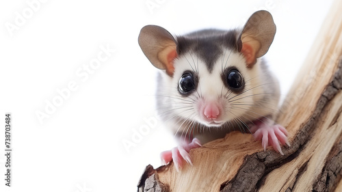 close-up of a sugar glider perching on wood, isolated against a stark white background photo