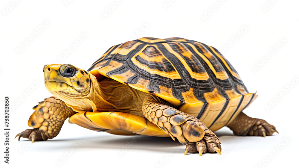 Isolated Cuora amboinensis turtle against a stark white backdrop