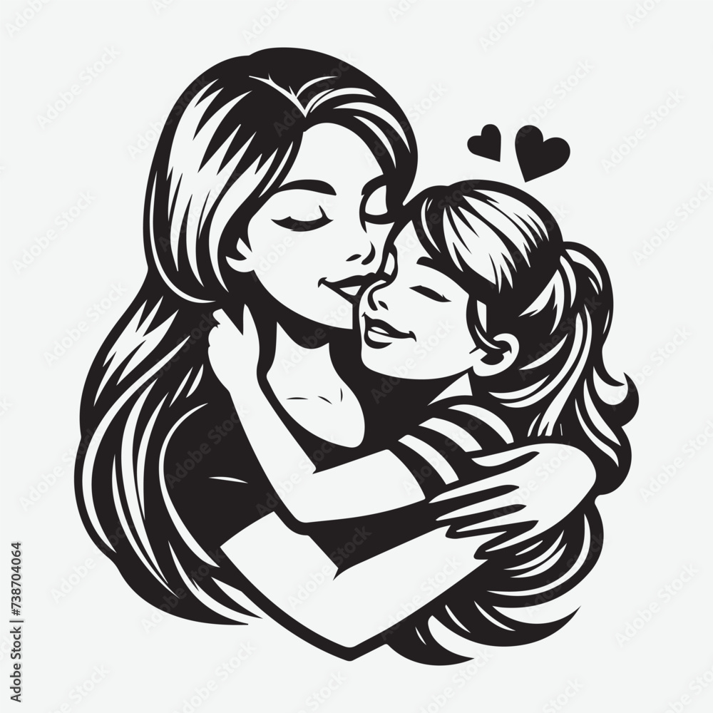 Mother with Her Baby Vector Silhouette Illustration, baby kissing mom, mom kissing baby holding in her arm 