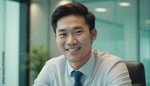 Asian businessman, wearing suit using laptop working in office