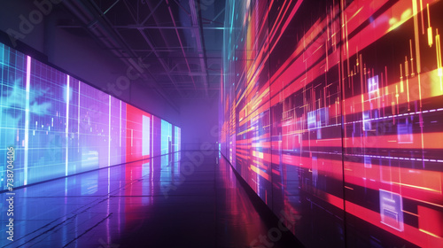 In a silent room lit by bright monitors, financial graphs come to life in a dance of lines and colors.