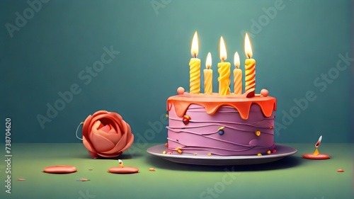 Happy birthaycake with candles and flowers on wooden background photo