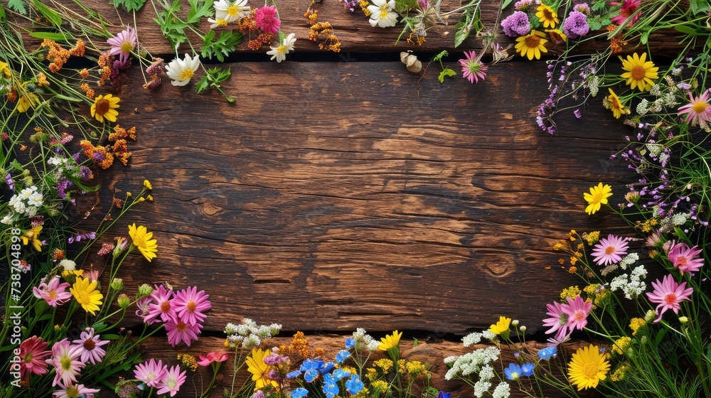 A background of a wooden log with spring flowers on the sides, serving as a frame. Top view. AI generative.