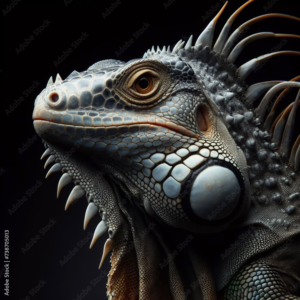 Fototapeta premium Iguana isolated on black background. World of reptiles. AI generated