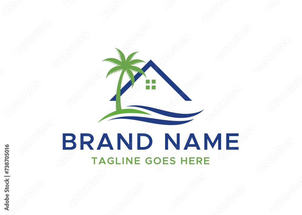 Palm house logo, Palm house and wave logo design Palm house logo, Palm house and wave logo design