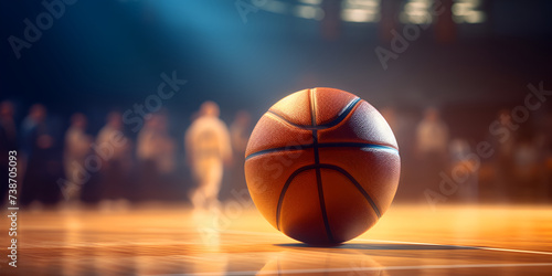 A basketball on the court in a gym, 