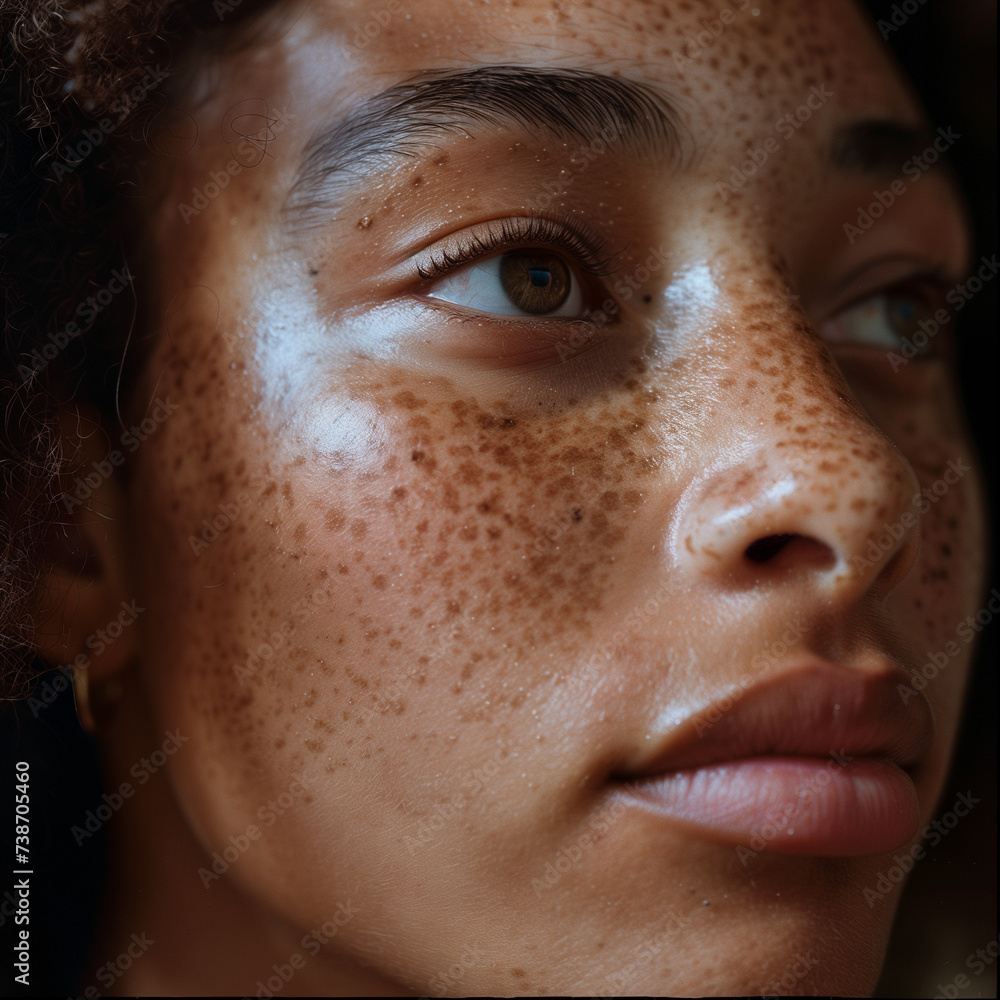 A close-up of a beautiful black woman with freckles on her face A close-up of a beautiful black woman with freckles on her face