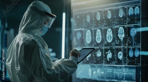 Man in Protective Suit Examining Computer Screen photo
