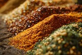 Assorted Heaps of Colorful Spices and Grains Close-up