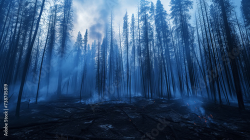 Wild forest fire. Burned trees after forest fires  lots of smoke. Natural disasters concept. Generative AI
