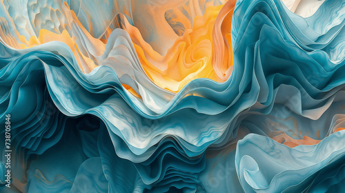 Abstract Digital Artwork featuring 3D Flowing Wave-Like Patterns in Vibrant Range of Blues to Oranges, Representations of Fluid Organic Forms, Layered Effect Reminiscent of Landscapes