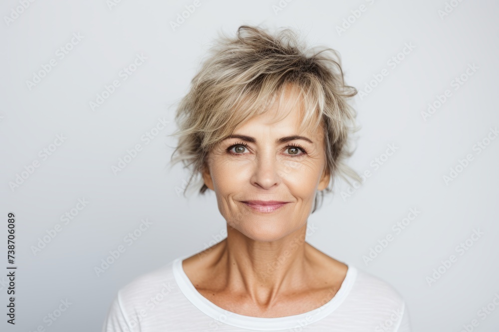 Portrait of a middle aged woman with short grey hair against grey background Portrait of a middle aged woman with short grey hair against grey background