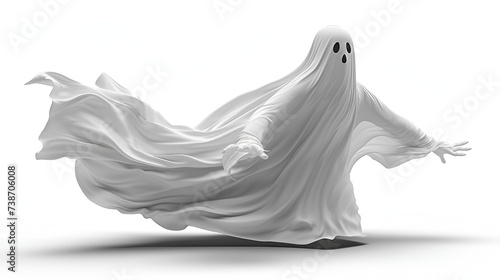 flying halloween ghost in a white sheet on white background. background. generative ai