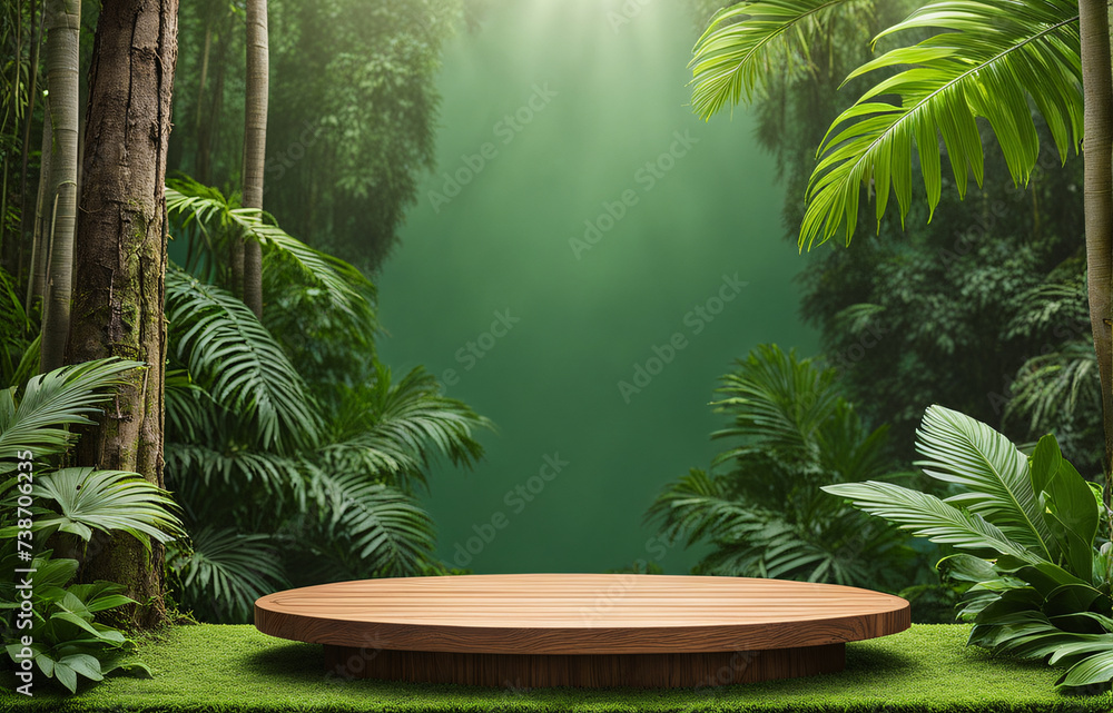 Wooden podium on green background with tropical plants. Natural background. Wooden podium on green background with tropical plants. Natural background.