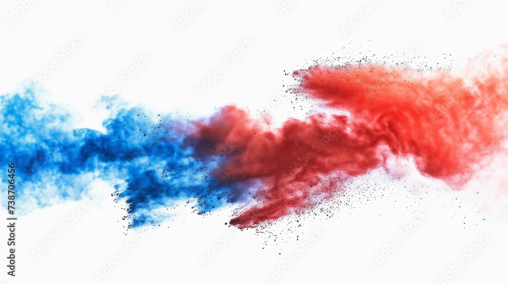 Dynamic Burst of Vivid Blue and Vibrant Red Powder, High-Speed Photography Capture, Color Explosion Against White Background, Merging Clouds of Paint, Dramatic Colors in Motion