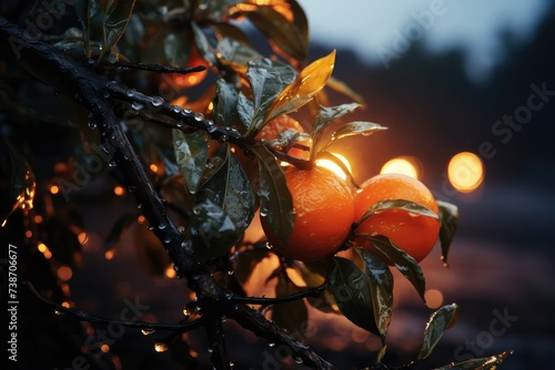 Photos Valencia orange trees, orange branches with green leaves on the tree, oranges br
