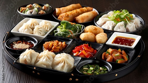 Chinese dim sum platter with steamed dumplings, buns, and spring rolls, served with dipping sauces