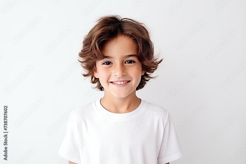 beautiful little girl with curly hair in white t-shirt on white background beautiful little girl with curly hair in white t-shirt on white background