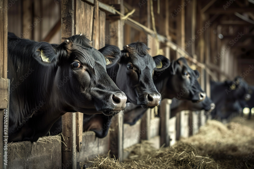 Dairy cows munching on hay in a barn as working animals