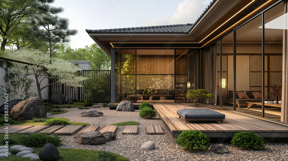 Traditional Japanese house with sliding doors and tatami mats. Garden with cherry blossoms. Photorealistic 3D rendering