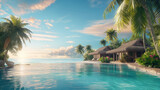 Tropical resort with bungalows, palm trees and swimming pool. Ocean view. Photorealistic 3D rendering.