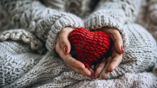 Cozy Knit Sweater-Wearing Hands Gently Holding A Red Knitted Heart Symbolizing Love  Compassion  and Care - A Warm and Heartful Scene With Focus on Love and Giving - Common tenderness in a Comforting 