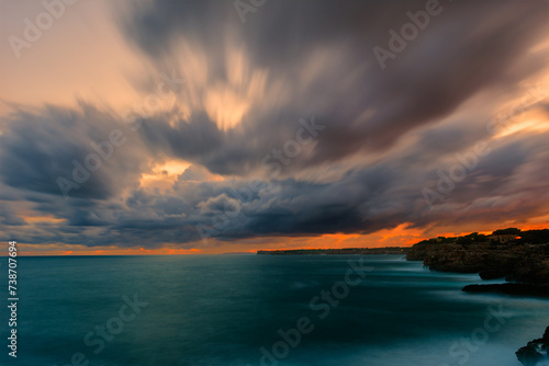 long exposure  Panoramic view of the sea against the cloudy sky during sunset in the Mediterranean Sea. Mallorca Balearic Islands Spain