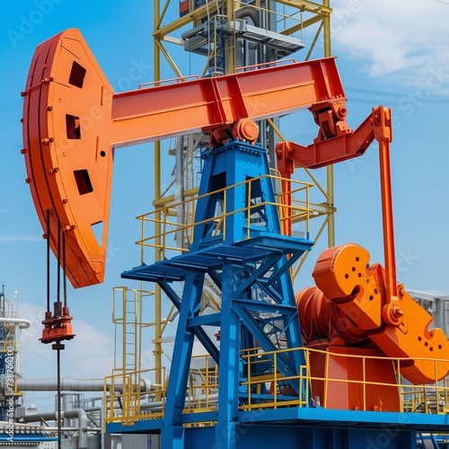 Industrial oil pump jack in operation with blue sky in the background, suitable for energy and petroleum industry themes with copy space photo