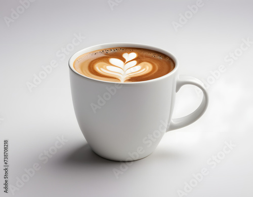 Elegant single white coffee cup in ceramic mug, side view isolated on studio white background
