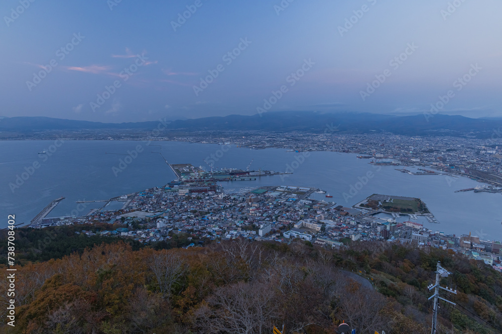日本　北海道函館市にある函館山展望台から見える夕暮れ時の市街地の街並みと津軽海峡